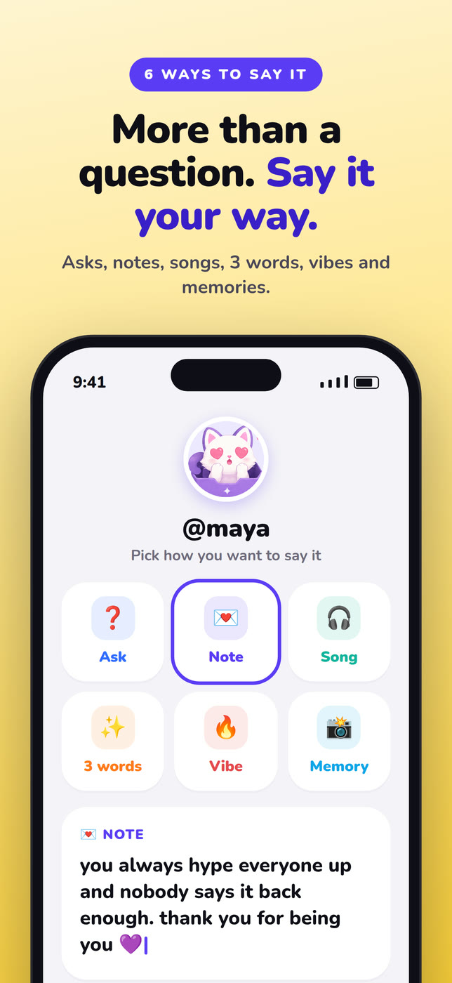 MirrorBox: Say it your way. Six card types to send: Ask, Note, Song, 3 words, Vibe and Memory.