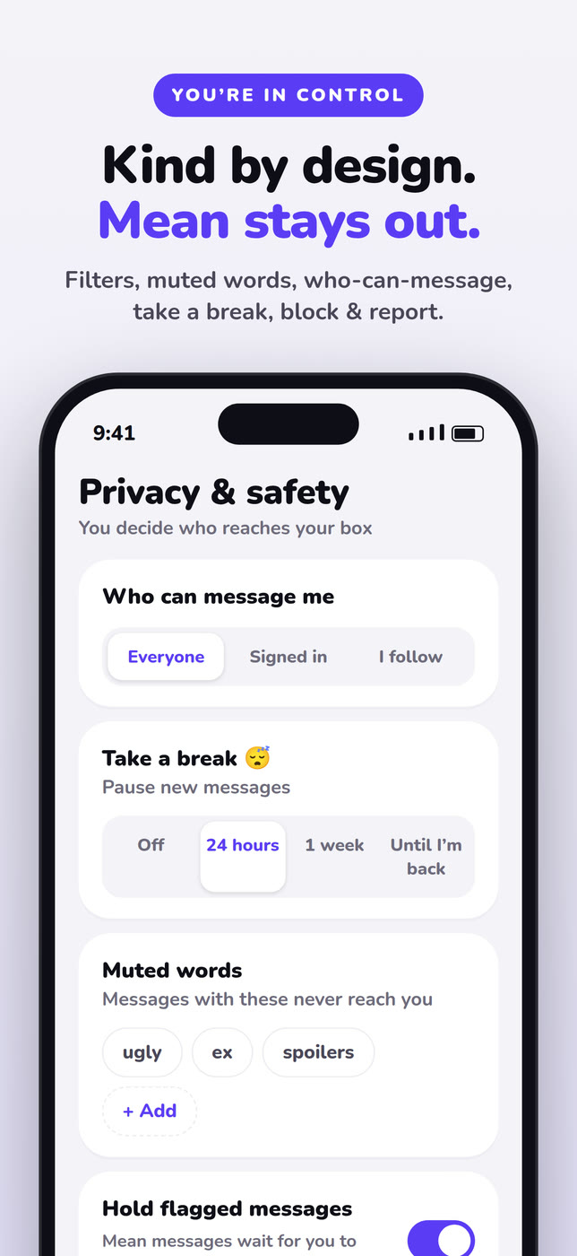 MirrorBox privacy and safety settings: who can message me, take a break, and muted words.