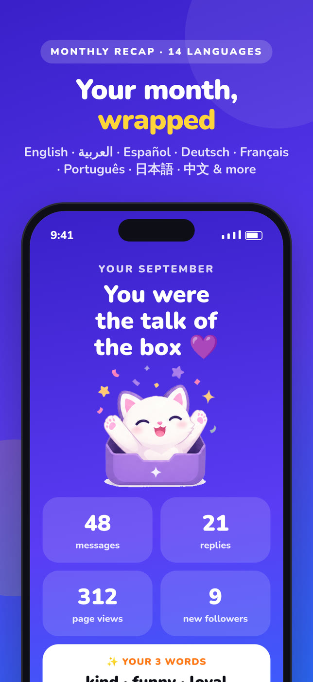 MirrorBox: Your month, wrapped. A monthly recap of messages, replies and views, in 14 languages.