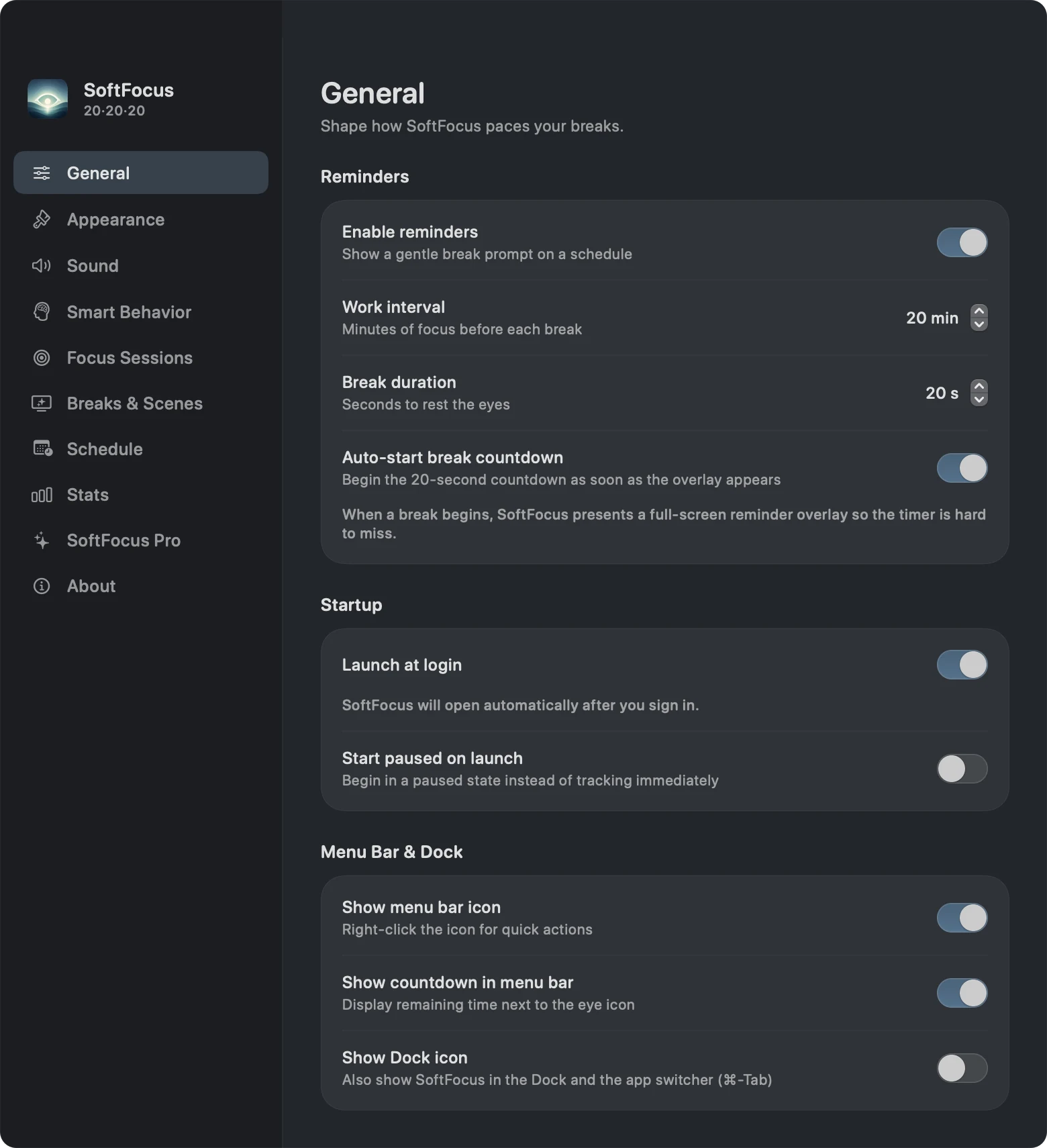 Blink General settings showing the 20-minute work timer, 20-second break, and launch-at-login option.