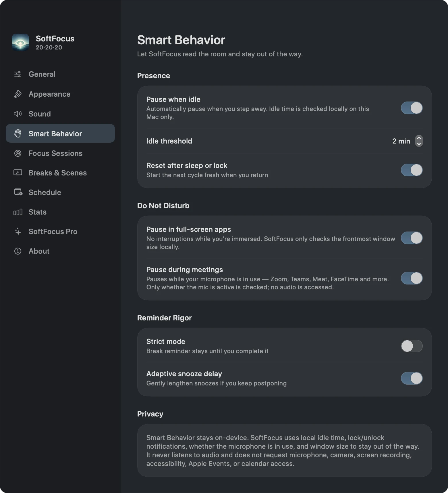 Blink Smart Behavior settings with idle pause, sleep or lock reset, full-screen pause, and meeting pause options.