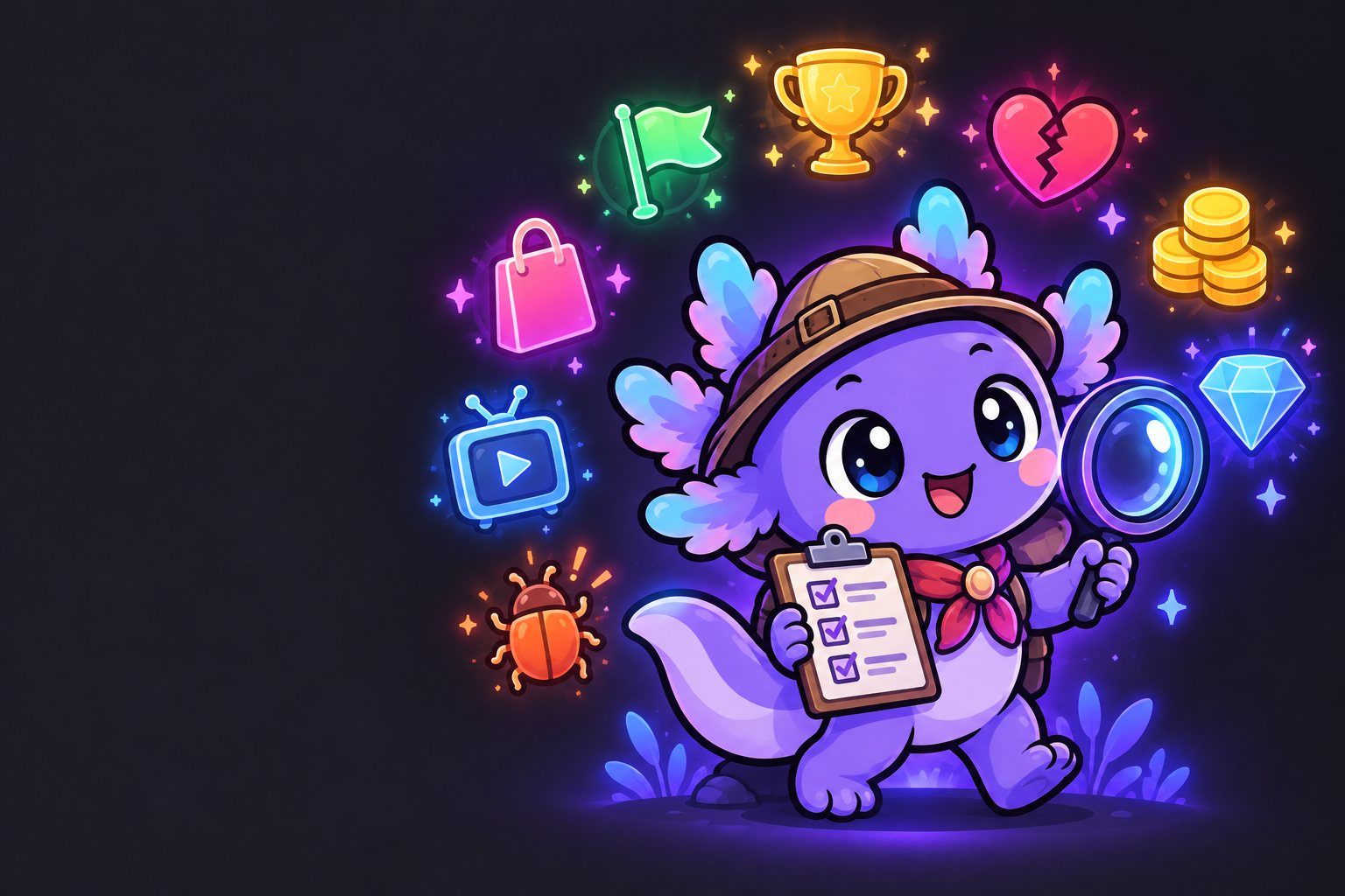 The AnyAnalytics axolotl mascot as a scout with a checklist, surrounded by glowing game icons: a flag, a trophy, a broken heart, coins, a gem, a shopping bag, a TV and a bug.