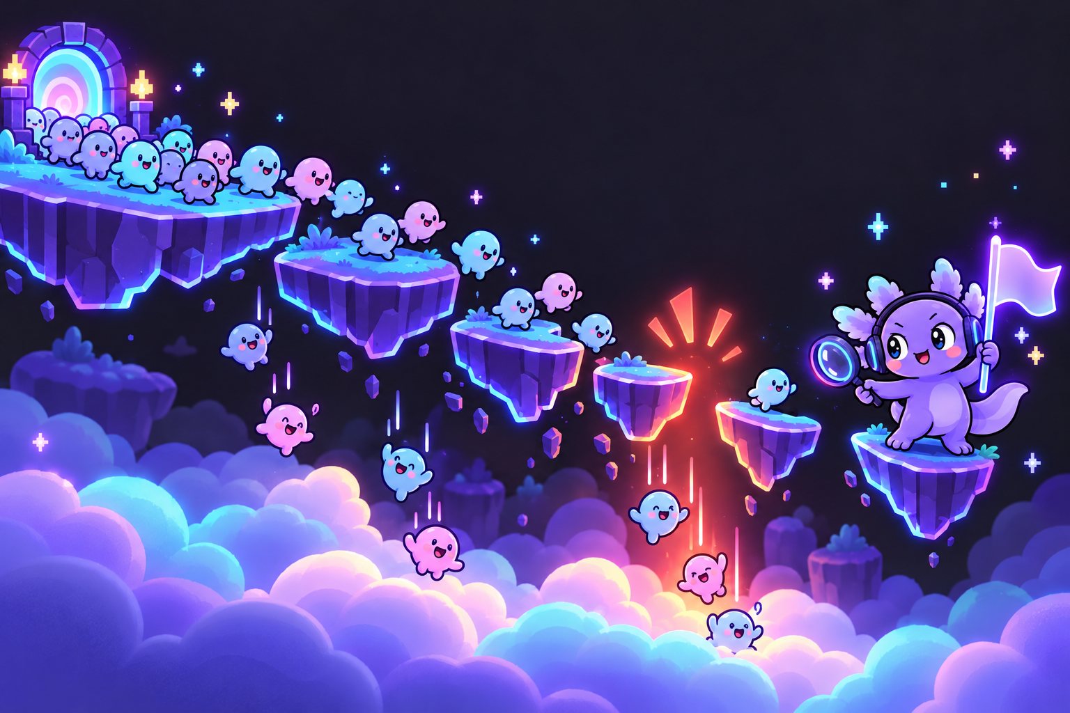Cute blob players walking across floating platforms that get narrower, some falling into clouds at a glowing red gap, while the AnyAnalytics axolotl inspects the gap with a magnifying glass.