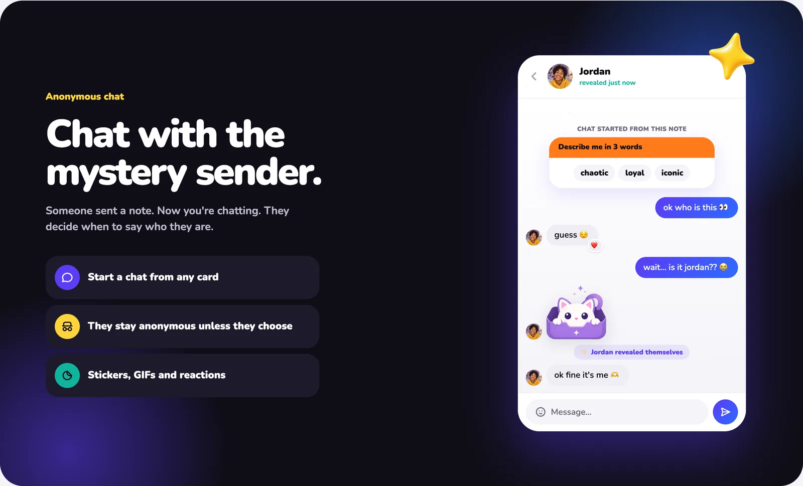 MirrorBox anonymous chat: a conversation started from a 3-words card, where the sender later chooses to reveal who they are.