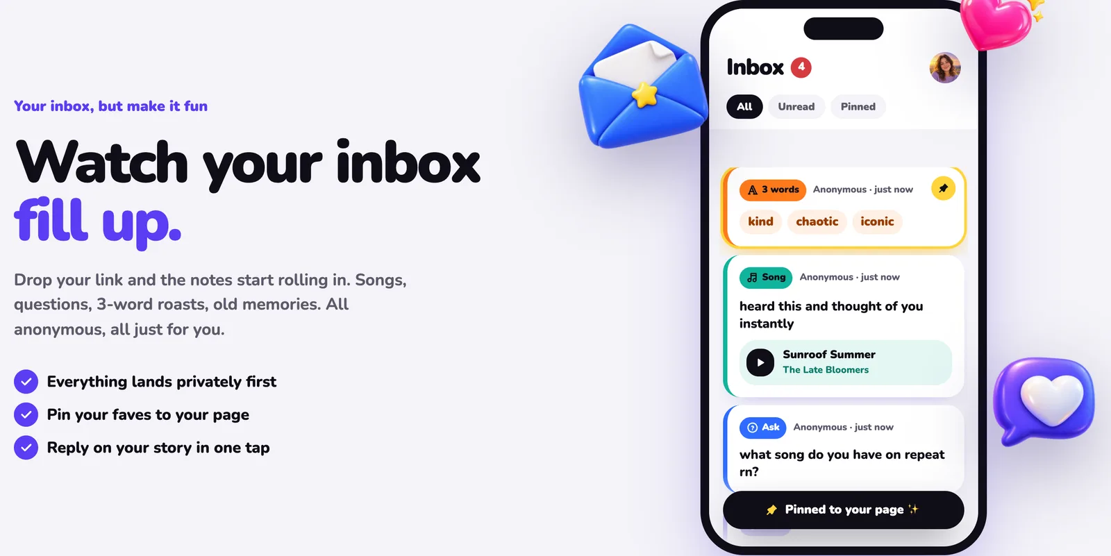 The MirrorBox inbox filling up with anonymous 3-word cards, songs and questions.