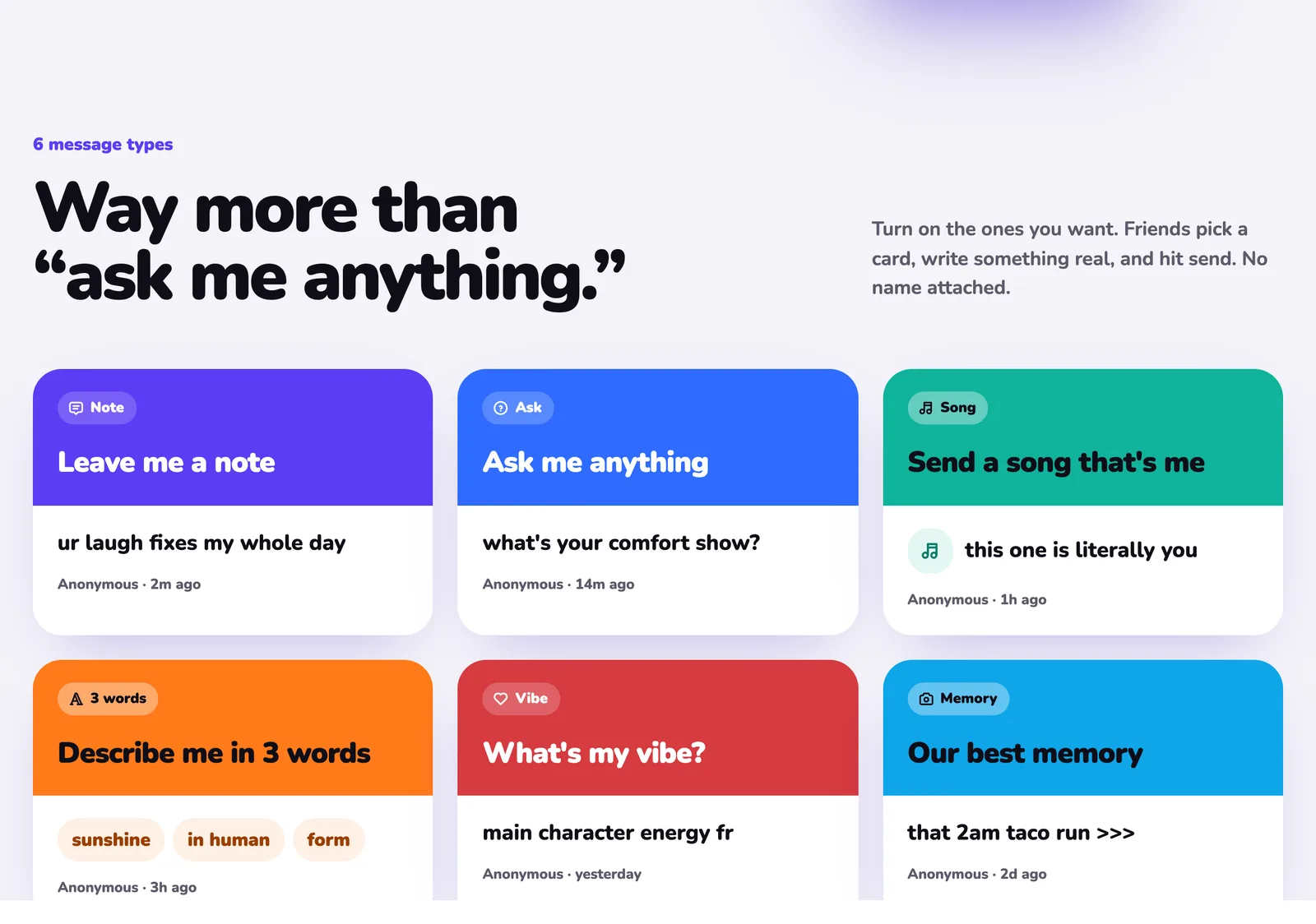 Six anonymous message cards: a note, an ask-me-anything question, a song, three words, a vibe and a memory.