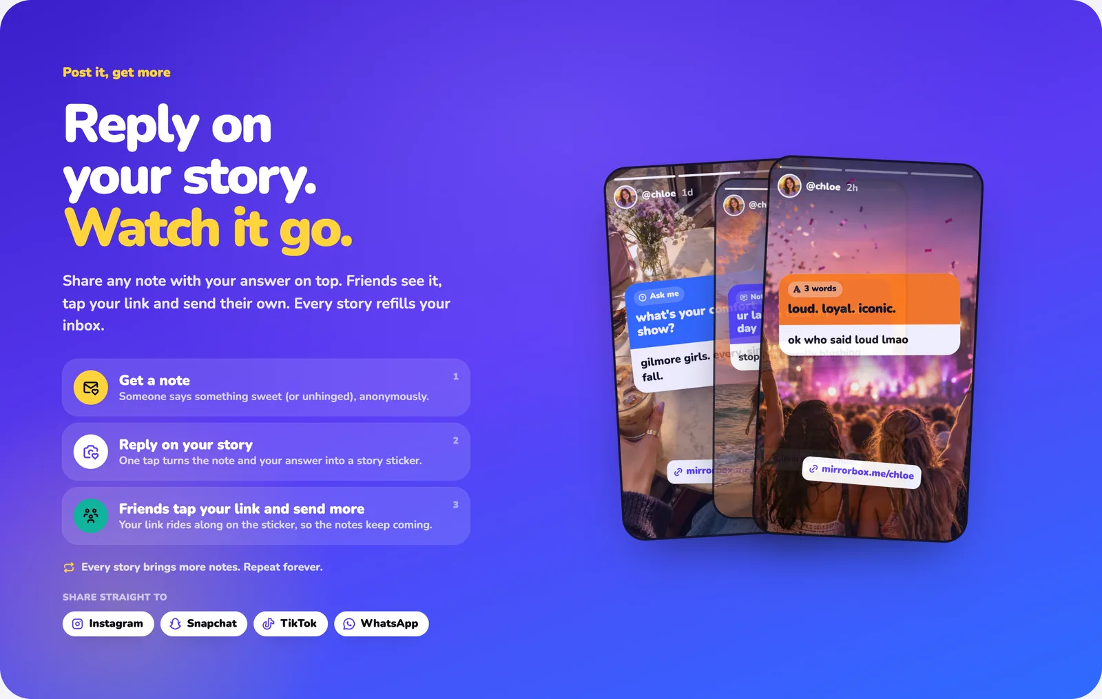 Instagram stories showing anonymous MirrorBox notes with answers on top and a mirrorbox.me link sticker.