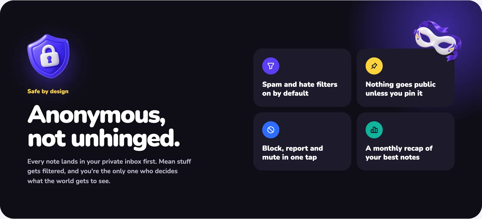 Anonymous message app safety features: spam and hate filters, nothing public unless pinned, block, report and mute.