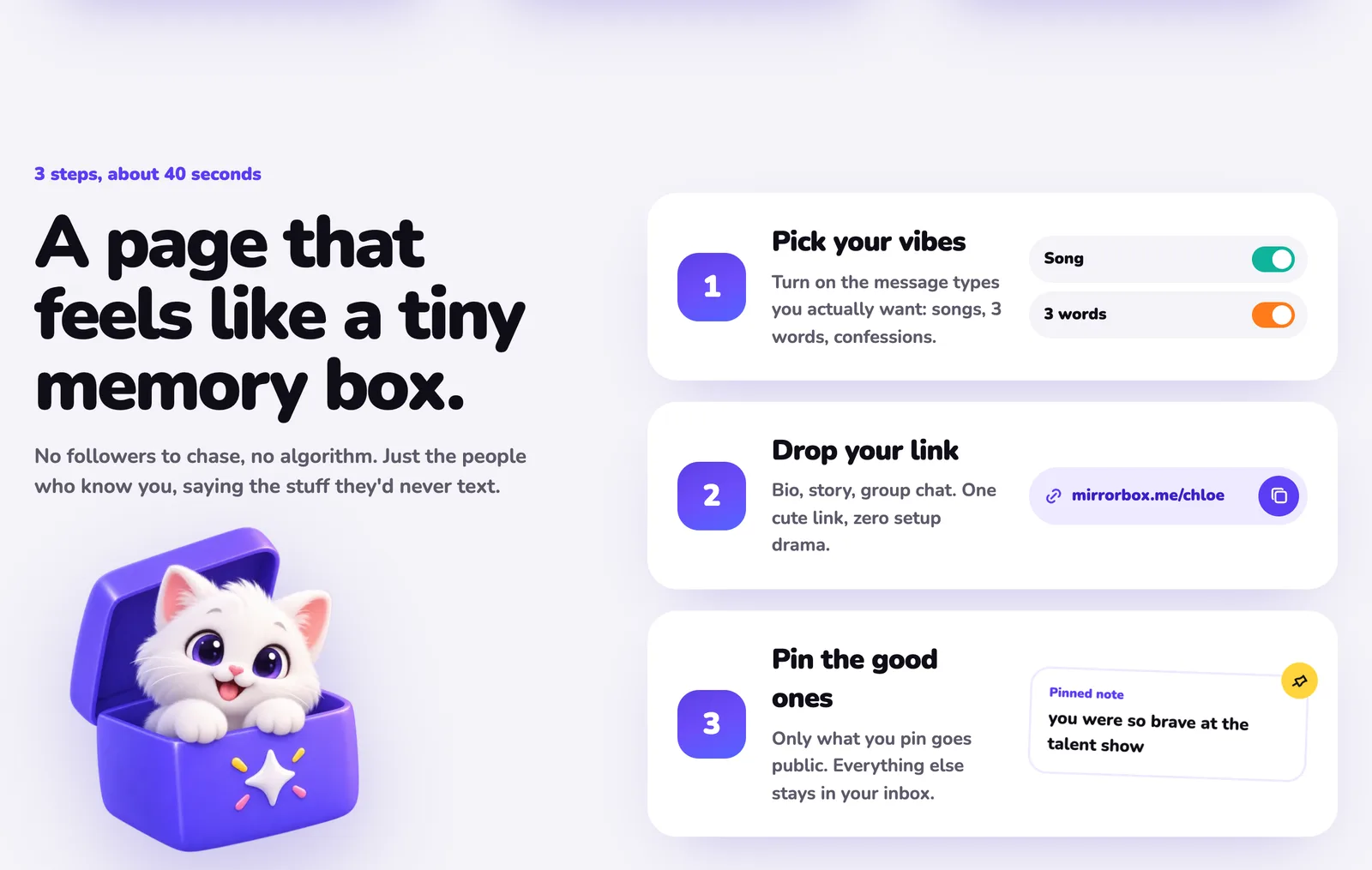 The MirrorBox three-step setup: pick your vibes, drop your link and pin the good ones.