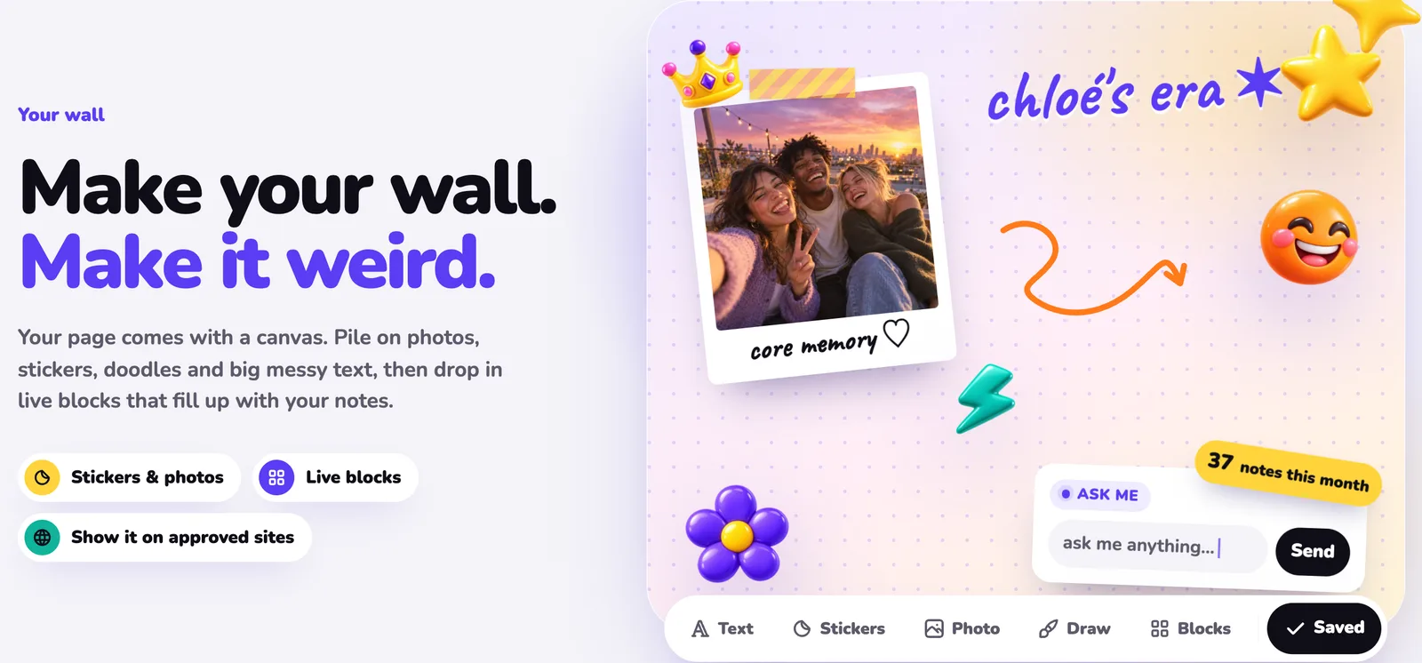 The MirrorBox wall editor with a polaroid photo, hand-drawn doodles, stickers, an Ask me box and a notes-this-month counter.
