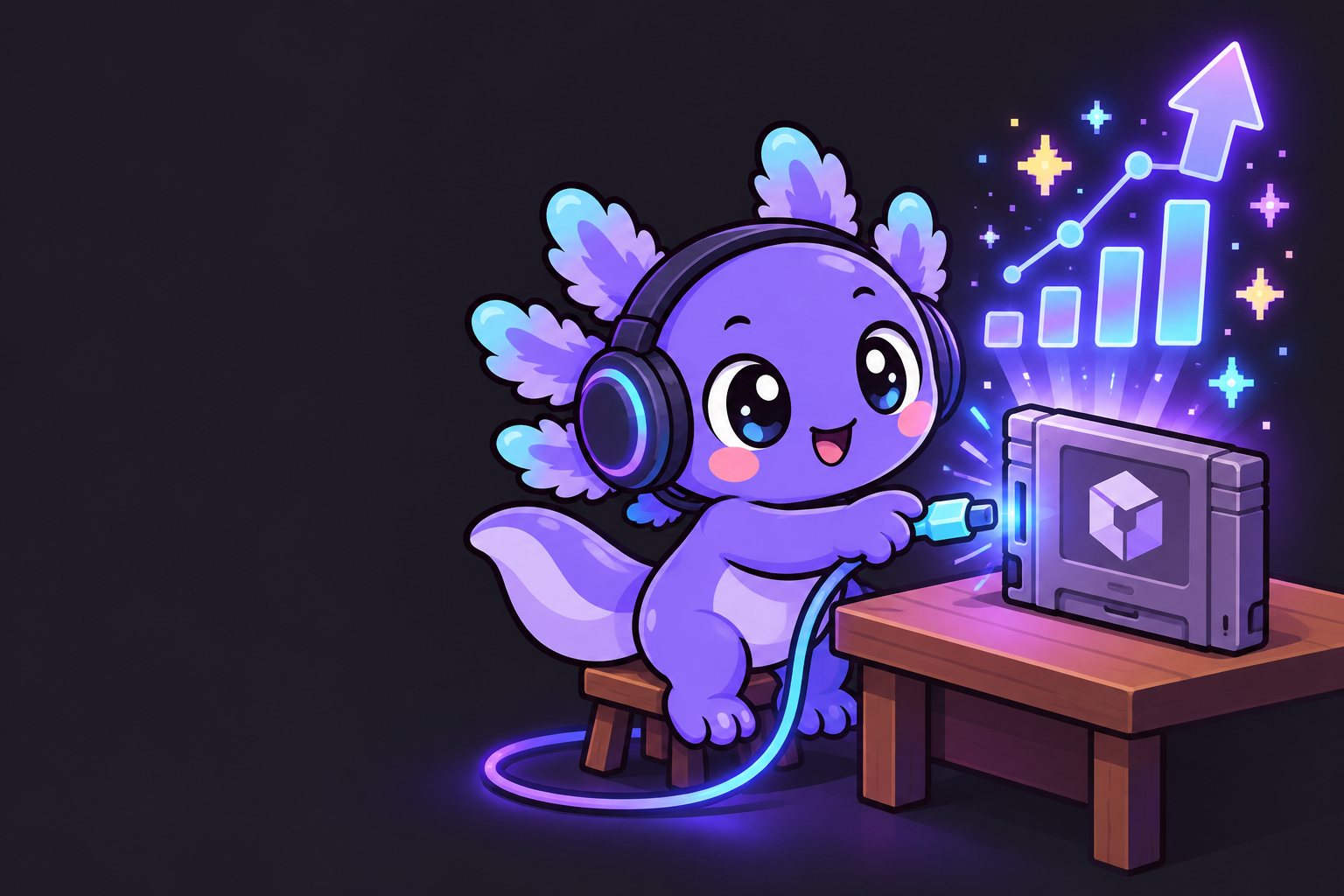 The AnyAnalytics axolotl mascot plugging a cable into a game cartridge while charts float up out of it.