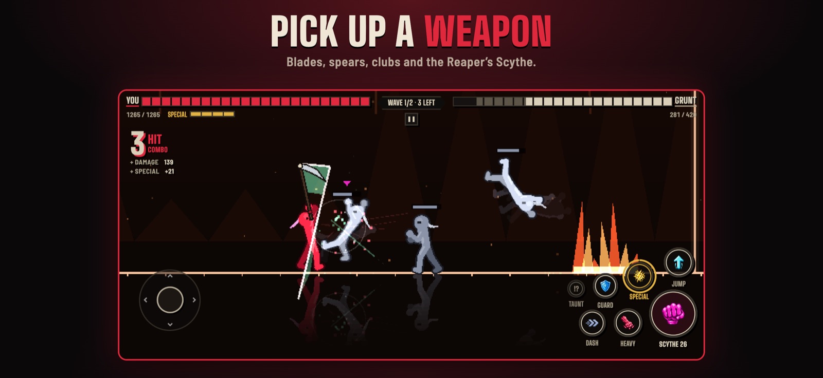 Bone Yard gameplay: Pick up a weapon. Blades, spears, clubs and the Reaper's Scythe.