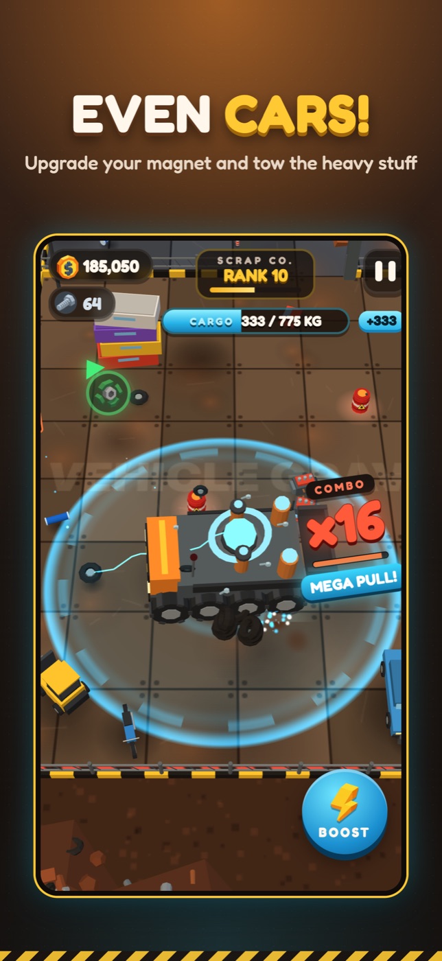 Junk Magnet gameplay: Even cars!. Upgrade your magnet and tow the heavy stuff.