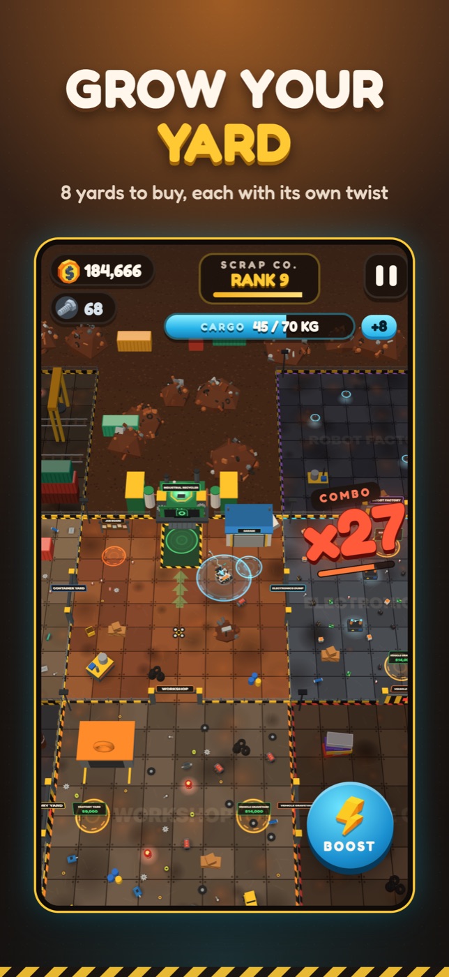 Junk Magnet gameplay: Grow your yard. 8 yards to buy, each with its own twist.