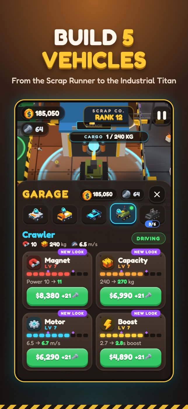 Junk Magnet gameplay: Build 5 vehicles. From the Scrap Runner to the Industrial Titan.