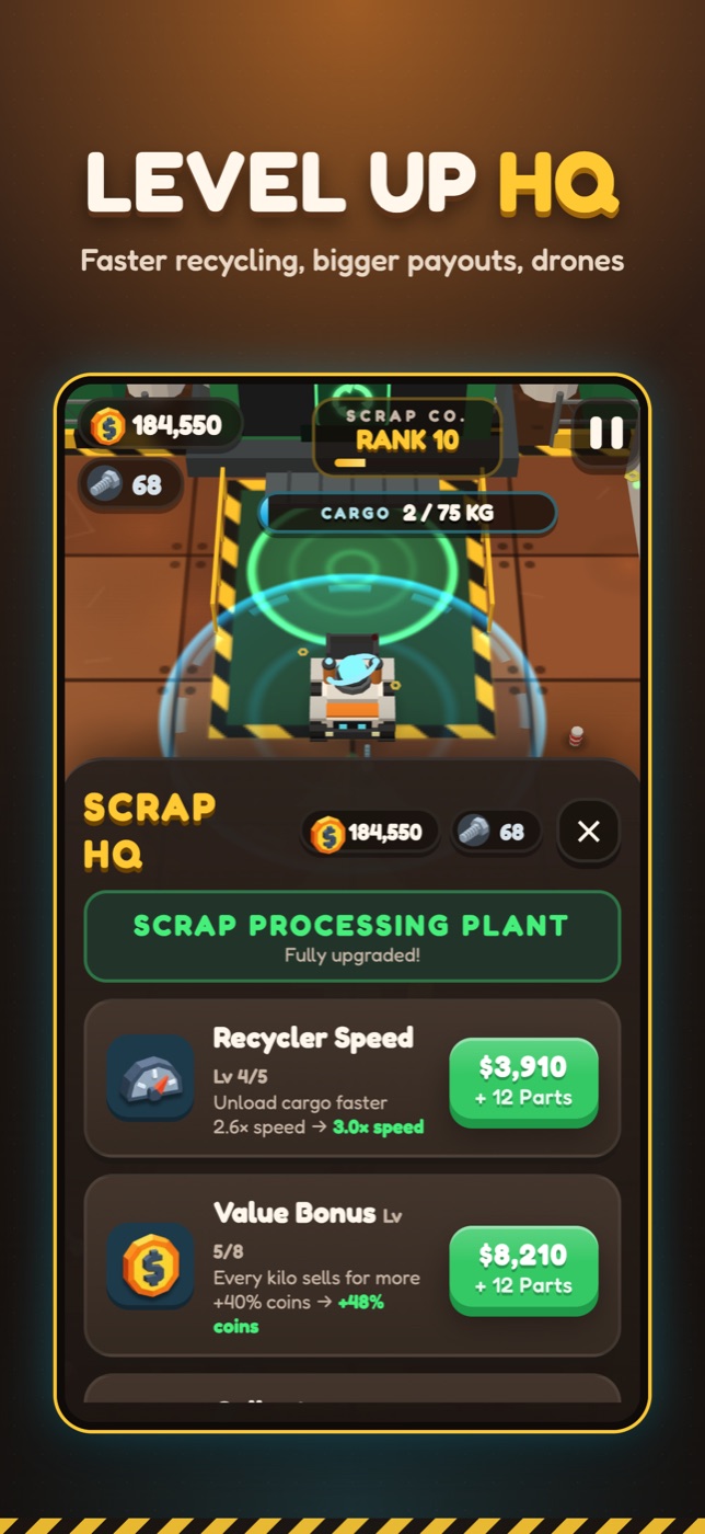 Junk Magnet gameplay: Level up HQ. Faster recycling, bigger payouts, drones.